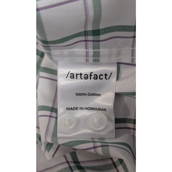 New Artefact sz L Tall regular fit Shirt plaid green white purple cotton 0827 - Picture 4 of 4